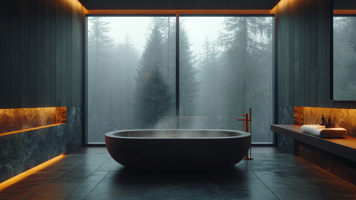 The Bath — freestanding stone soaking tub, forest view