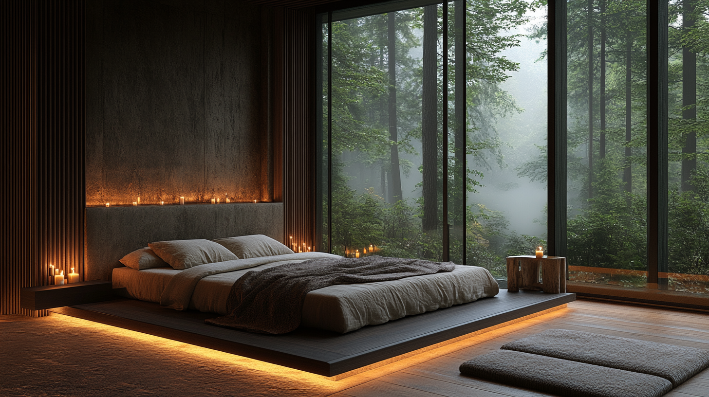 The Master Suite — platform bed, candlelight, forest view