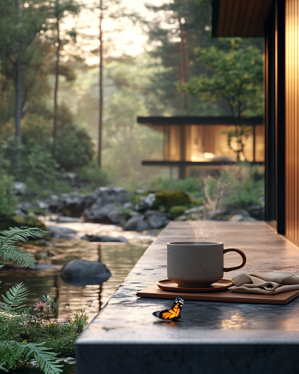 Morning coffee by the stream