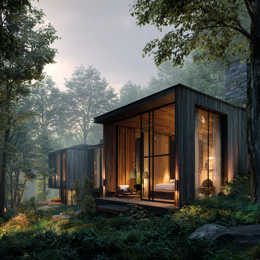 Villa exterior at dusk