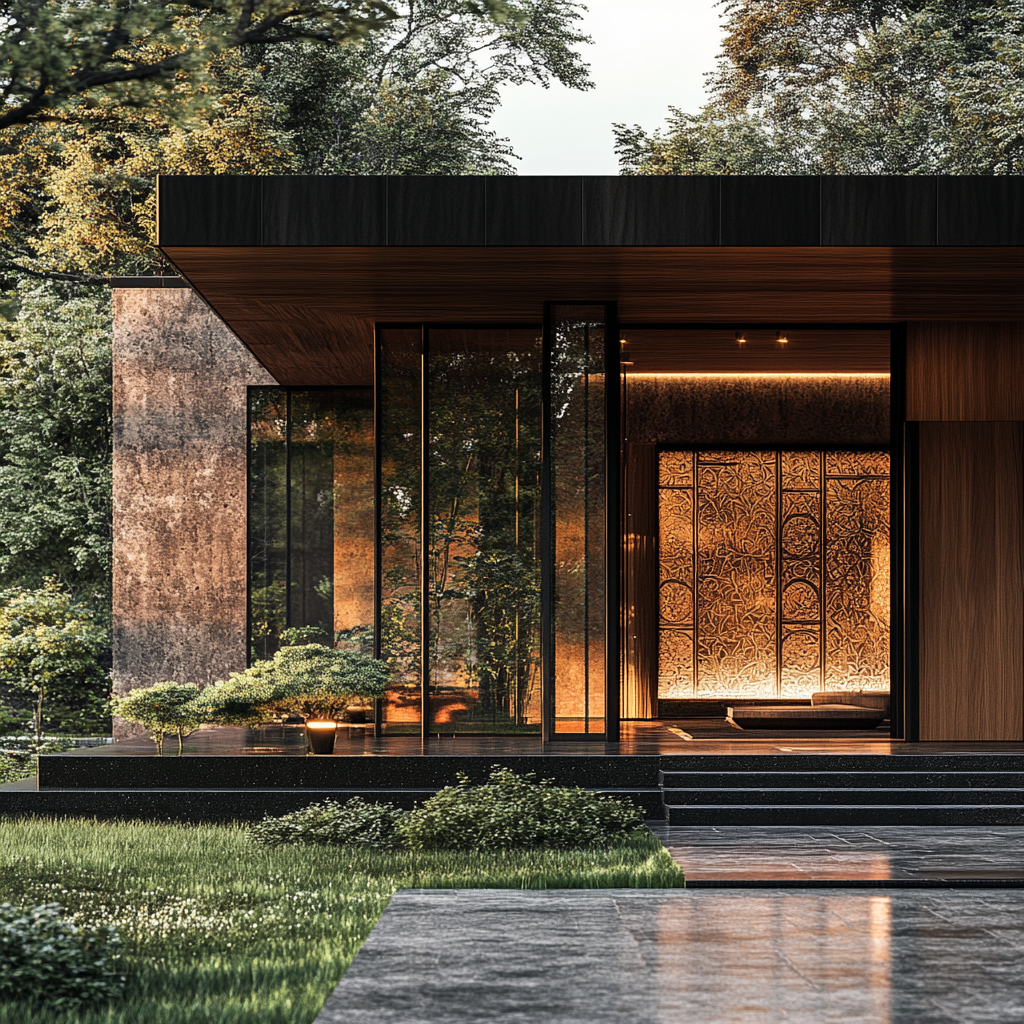 Carved facade panels at dusk