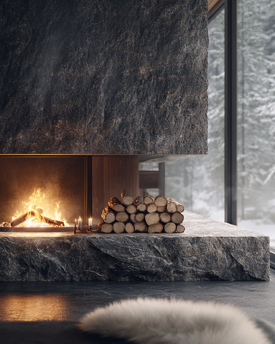 Carpathian stone fireplace detail