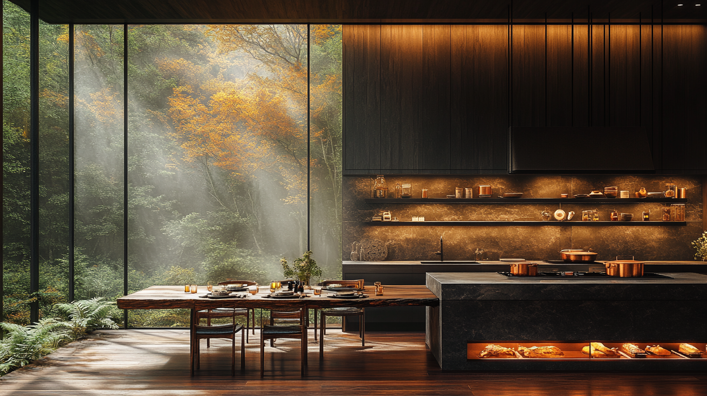 The Kitchen — copper cookware, oak table, autumn light