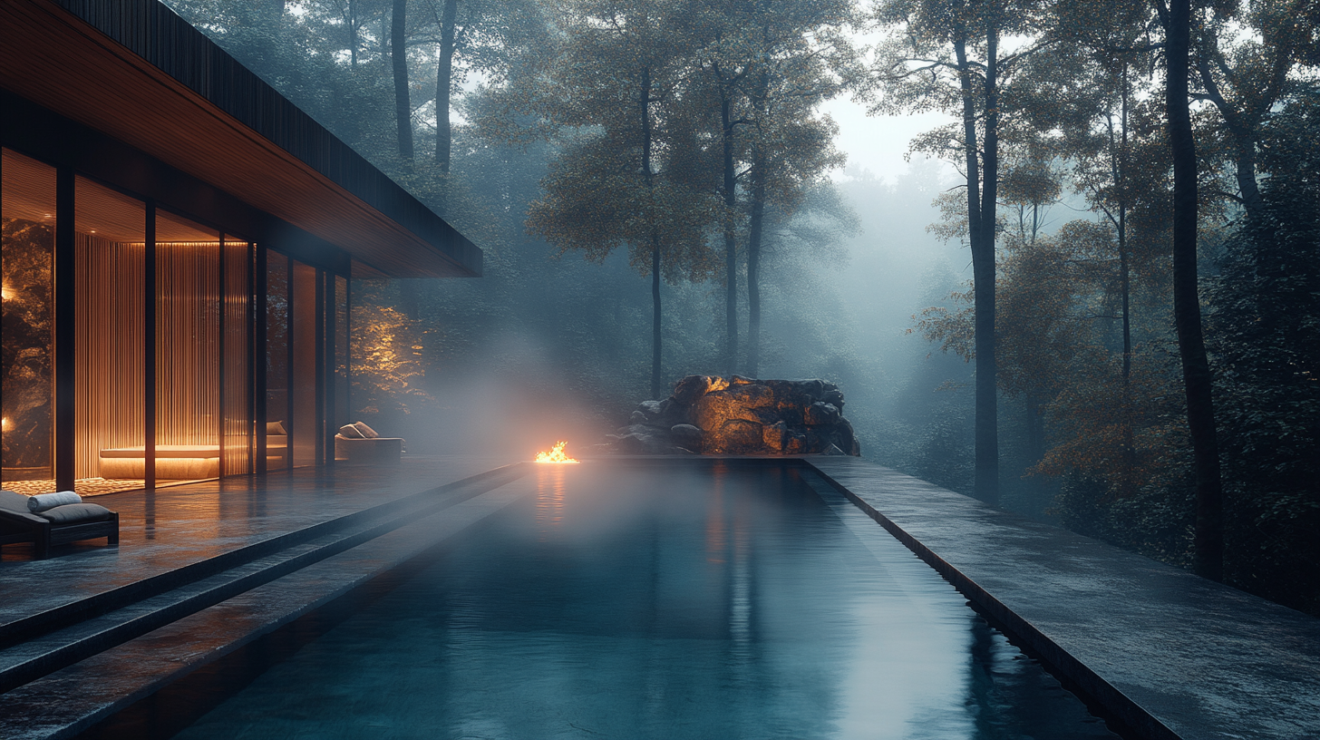 Private mineral pool — steam rising through trees at dusk